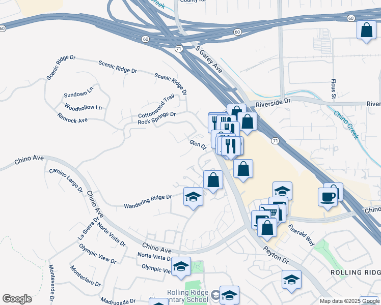 map of restaurants, bars, coffee shops, grocery stores, and more near in Chino Hills