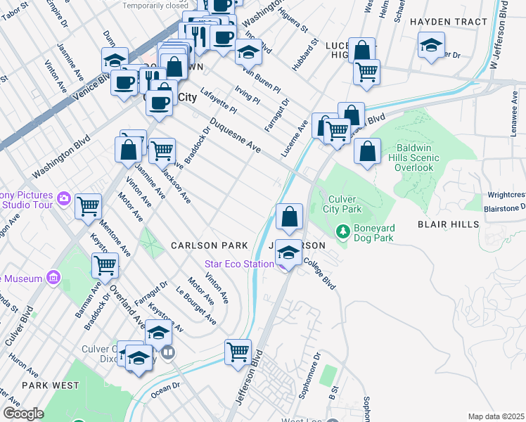 map of restaurants, bars, coffee shops, grocery stores, and more near 4279 Madison Avenue in Culver City
