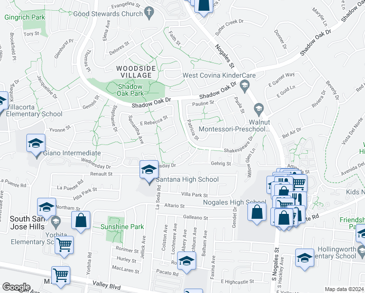 map of restaurants, bars, coffee shops, grocery stores, and more near 2330 Lindsey Court in West Covina
