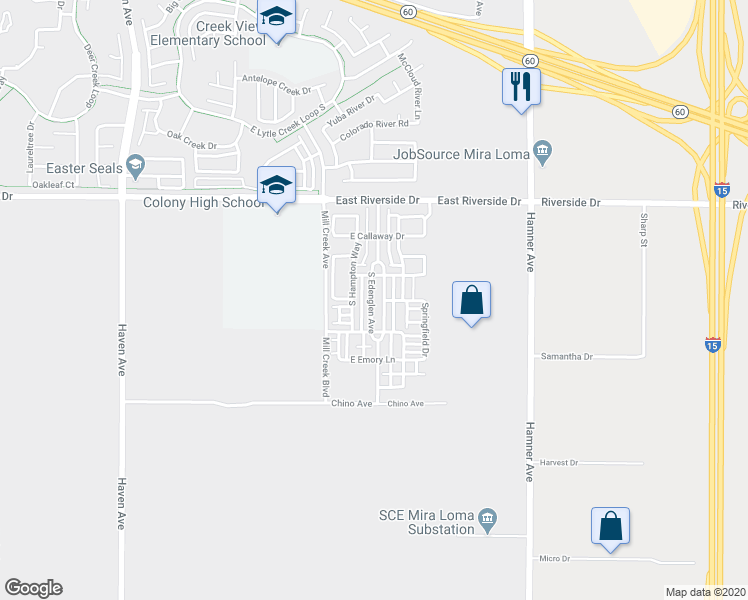 map of restaurants, bars, coffee shops, grocery stores, and more near 3184 South Edenglen Avenue in Ontario