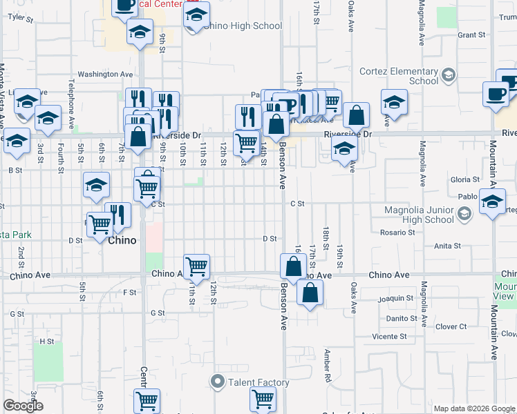map of restaurants, bars, coffee shops, grocery stores, and more near 5601-5665 C Street in Chino