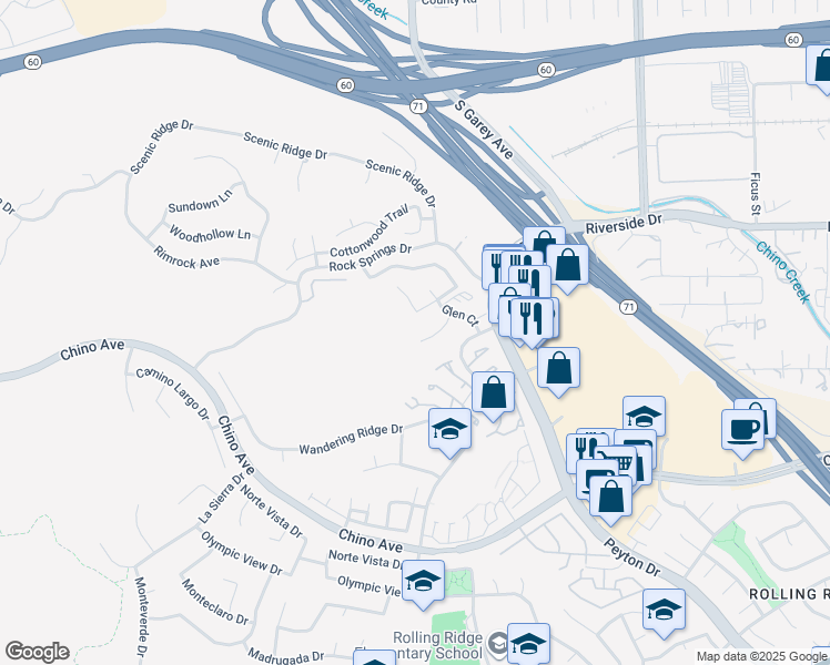 map of restaurants, bars, coffee shops, grocery stores, and more near 91 Le Parc Boulevard in Chino Hills