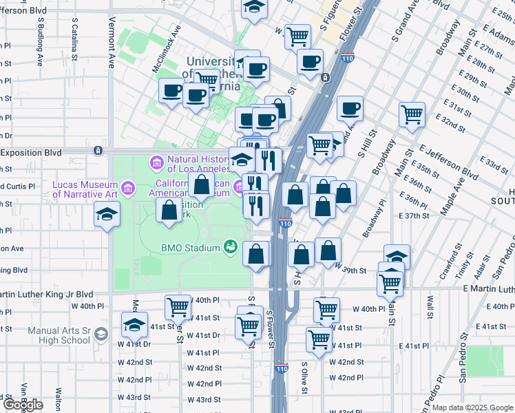 map of restaurants, bars, coffee shops, grocery stores, and more near 3800 South Figueroa Street in Los Angeles