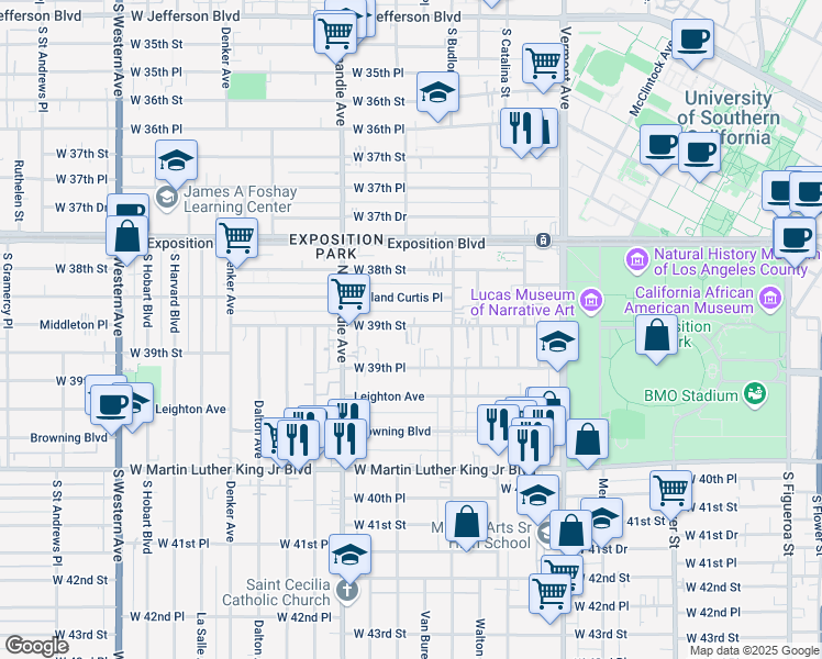 map of restaurants, bars, coffee shops, grocery stores, and more near 1202 West 39th Street in Los Angeles