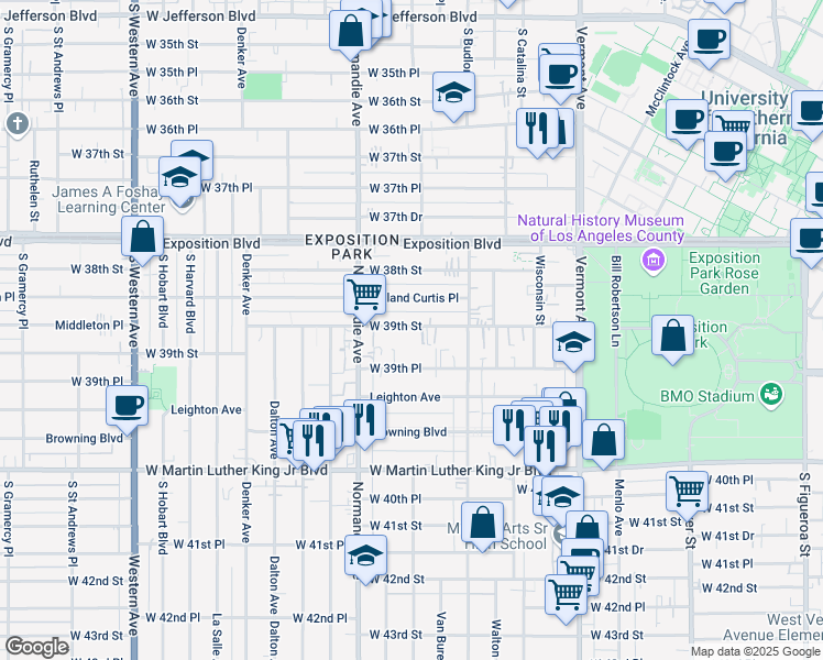 map of restaurants, bars, coffee shops, grocery stores, and more near 1202 West 39th Street in Los Angeles