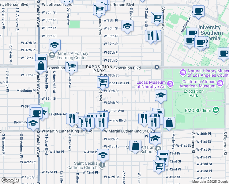 map of restaurants, bars, coffee shops, grocery stores, and more near 1252 West 39th Street in Los Angeles