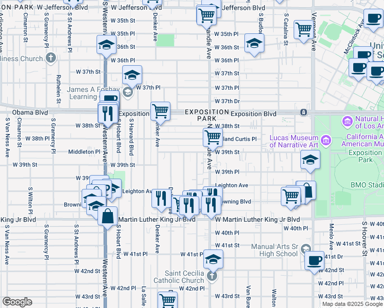 map of restaurants, bars, coffee shops, grocery stores, and more near 1348 West 39th Street in Los Angeles
