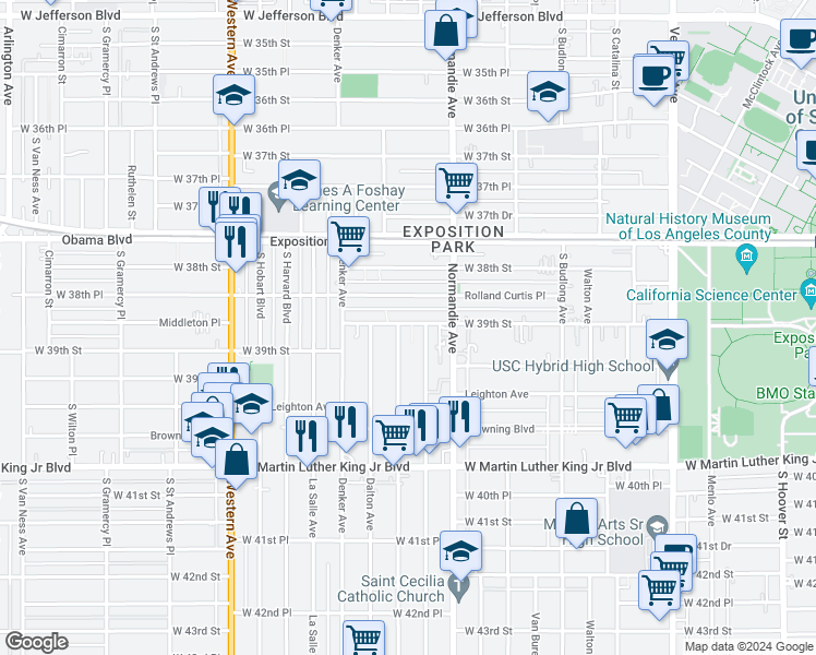 map of restaurants, bars, coffee shops, grocery stores, and more near 1344 West 39th Street in Los Angeles