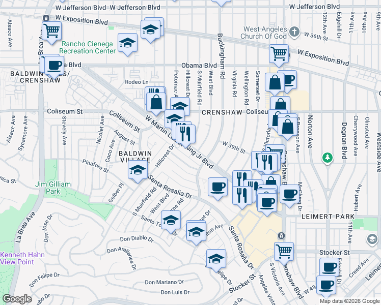map of restaurants, bars, coffee shops, grocery stores, and more near 3865 West Boulevard in Los Angeles