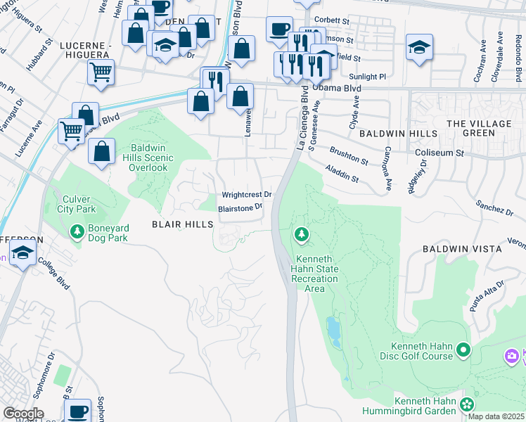 map of restaurants, bars, coffee shops, grocery stores, and more near 5910 Blairstone Drive in Culver City