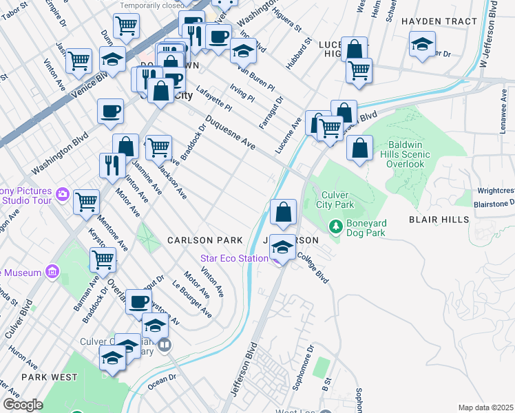 map of restaurants, bars, coffee shops, grocery stores, and more near 4279 Madison Avenue in Culver City