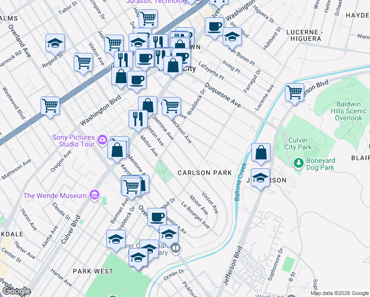 map of restaurants, bars, coffee shops, grocery stores, and more near 4228 Jasmine Avenue in Culver City