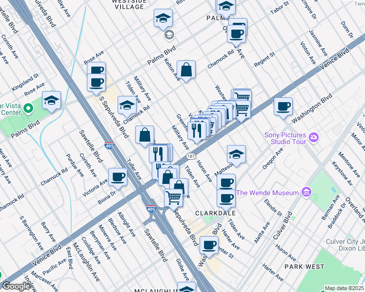 map of restaurants, bars, coffee shops, grocery stores, and more near 3752 Military Avenue in Los Angeles