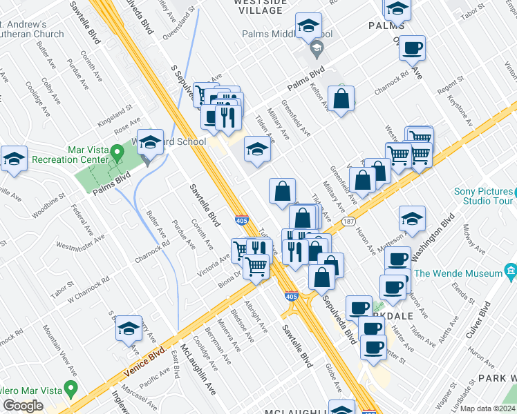 map of restaurants, bars, coffee shops, grocery stores, and more near 3700 South Sepulveda Boulevard in Los Angeles