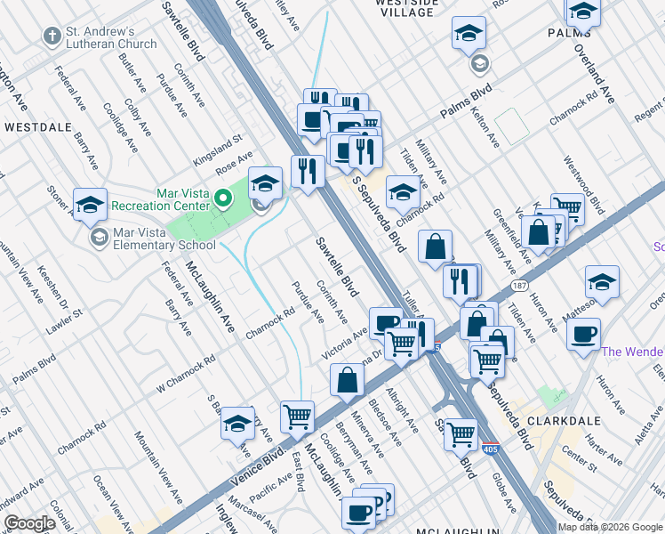 map of restaurants, bars, coffee shops, grocery stores, and more near 3549 Sawtelle Boulevard in Los Angeles