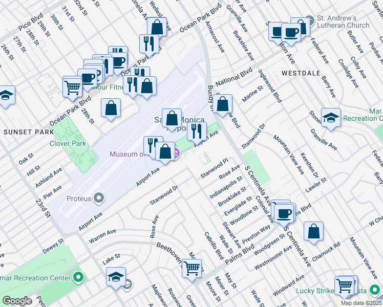 map of restaurants, bars, coffee shops, grocery stores, and more near 3300 Airport Avenue in Santa Monica