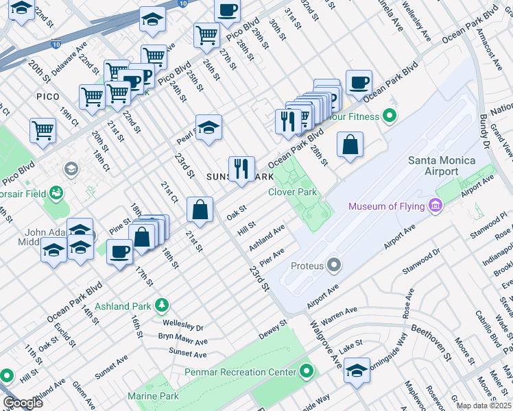 map of restaurants, bars, coffee shops, grocery stores, and more near 2410 1/2 Oak Street in Santa Monica