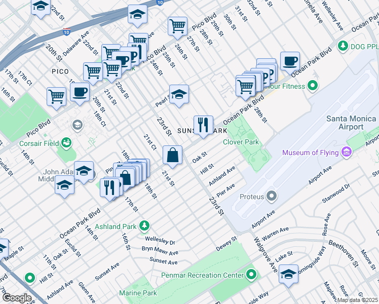 map of restaurants, bars, coffee shops, grocery stores, and more near 2318 Ocean Park Place South in Santa Monica
