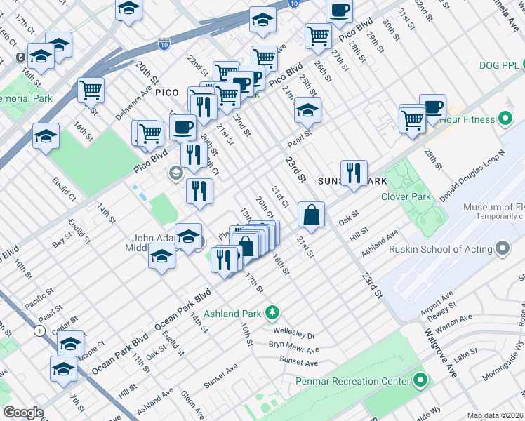 map of restaurants, bars, coffee shops, grocery stores, and more near 2419 20th Street in Santa Monica
