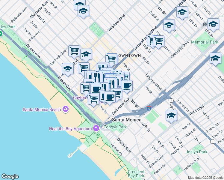 map of restaurants, bars, coffee shops, grocery stores, and more near 1447 4th Street in Santa Monica