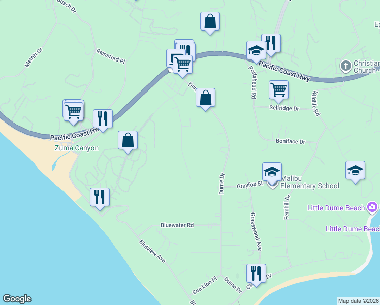 map of restaurants, bars, coffee shops, grocery stores, and more near 6660 Wandermere Road in Malibu