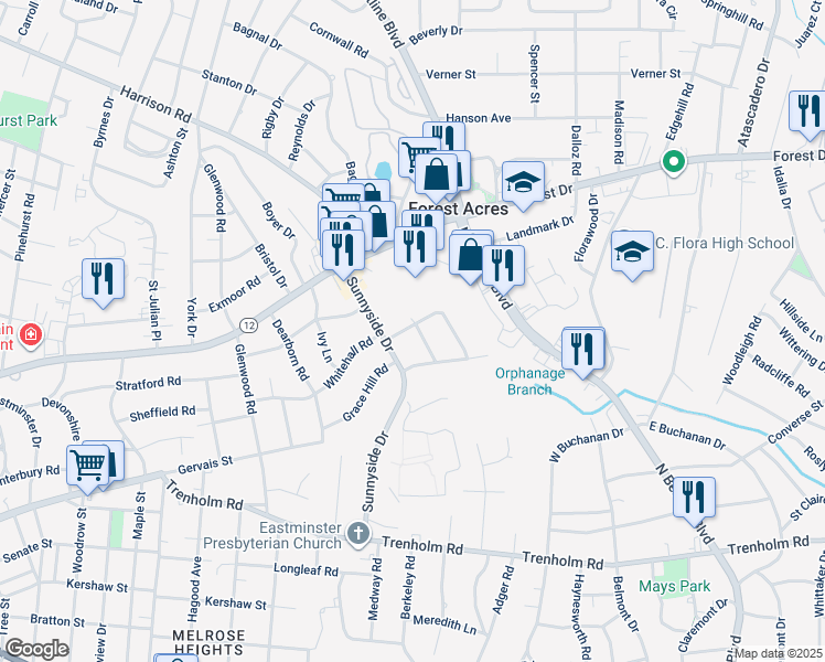 map of restaurants, bars, coffee shops, grocery stores, and more near 1424 McArthur Avenue in Columbia