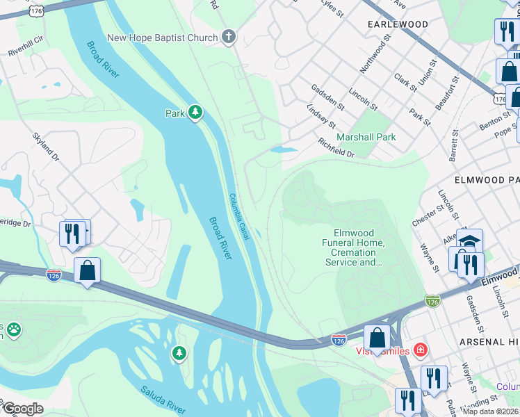 map of restaurants, bars, coffee shops, grocery stores, and more near 191 Northwood Street in Columbia