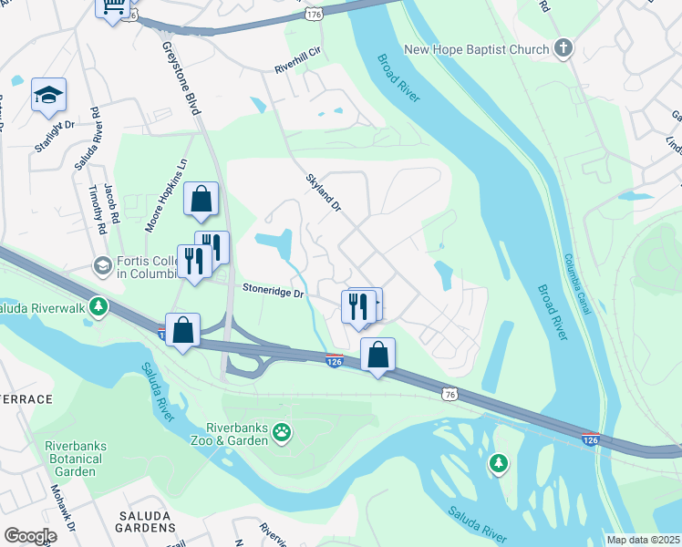 map of restaurants, bars, coffee shops, grocery stores, and more near 143 Stoneridge Drive in Columbia