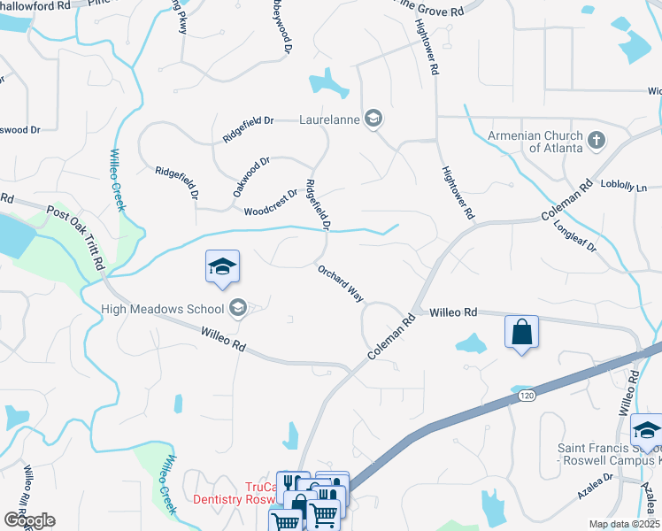 map of restaurants, bars, coffee shops, grocery stores, and more near 1150 Orchard Way in Roswell