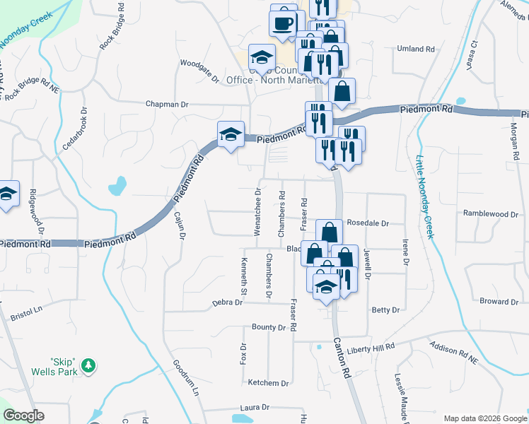 map of restaurants, bars, coffee shops, grocery stores, and more near 2632 Wenatchee Drive in Marietta