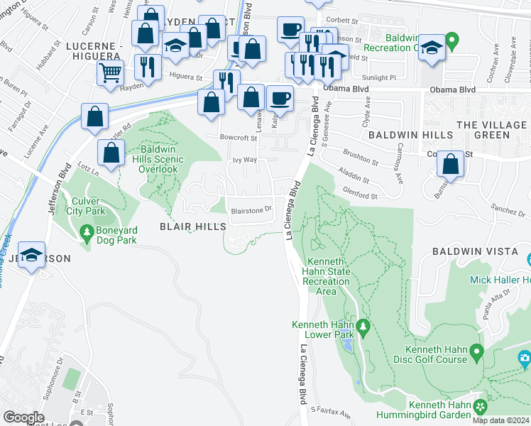 map of restaurants, bars, coffee shops, grocery stores, and more near 5910 Blairstone Drive in Culver City