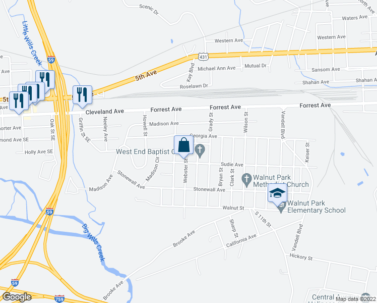 map of restaurants, bars, coffee shops, grocery stores, and more near 306 Webster Street in Gadsden