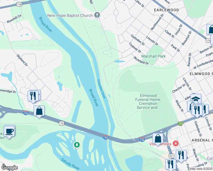 map of restaurants, bars, coffee shops, grocery stores, and more near 191 Northwood Street in Columbia