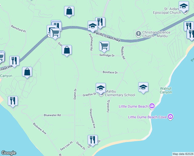 map of restaurants, bars, coffee shops, grocery stores, and more near 28942 Boniface Drive in Malibu