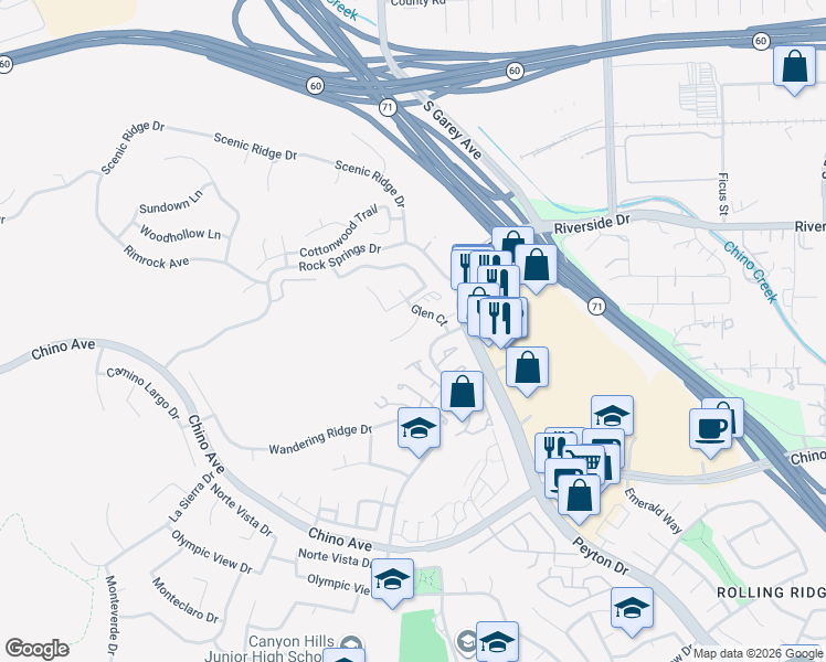 map of restaurants, bars, coffee shops, grocery stores, and more near 13133 Le Parc Boulevard in Chino Hills