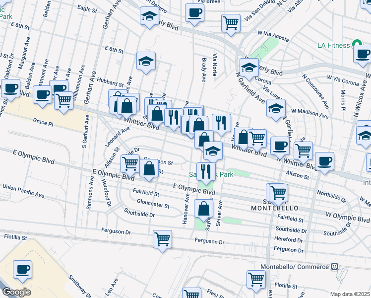 map of restaurants, bars, coffee shops, grocery stores, and more near 6210 Allston Street in East Los Angeles