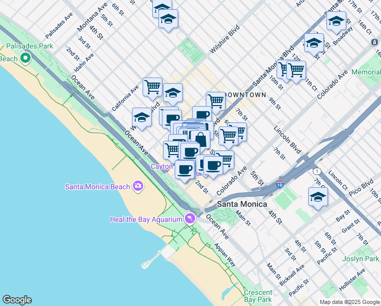 map of restaurants, bars, coffee shops, grocery stores, and more near 1408 3rd Street Promenade in Santa Monica