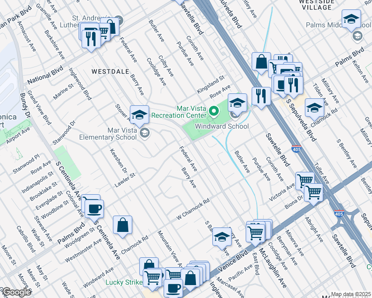 map of restaurants, bars, coffee shops, grocery stores, and more near 3430 Federal Avenue in Los Angeles