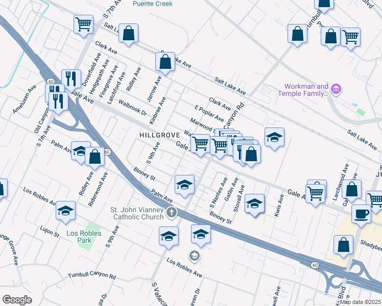 map of restaurants, bars, coffee shops, grocery stores, and more near 15112 Gale Avenue in La Puente