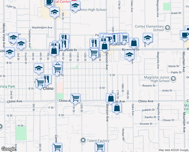 map of restaurants, bars, coffee shops, grocery stores, and more near 13101 13th Street in Chino
