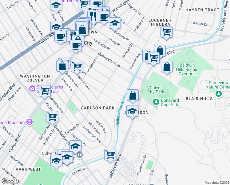 map of restaurants, bars, coffee shops, grocery stores, and more near 4247 La Salle Avenue in Culver City