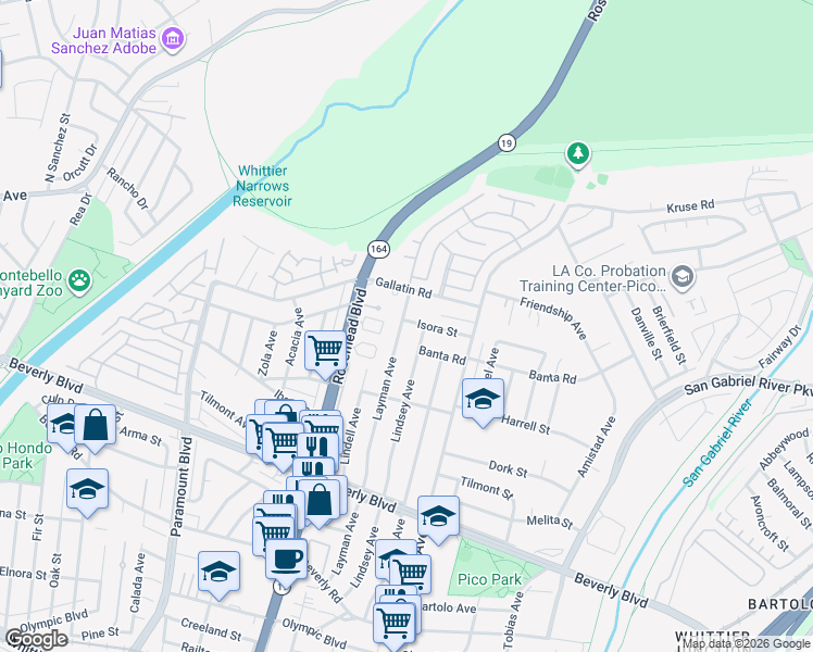 map of restaurants, bars, coffee shops, grocery stores, and more near 4002 Layman Avenue in Pico Rivera
