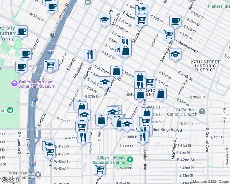 map of restaurants, bars, coffee shops, grocery stores, and more near 329 1/2 East 36th Street in Los Angeles