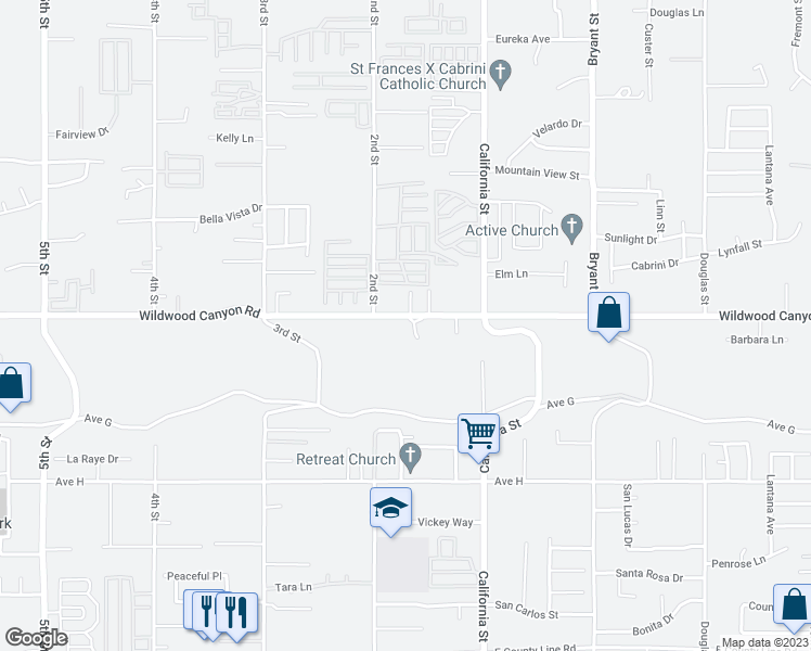 map of restaurants, bars, coffee shops, grocery stores, and more near 34939 Wildwood Canyon Road in Yucaipa