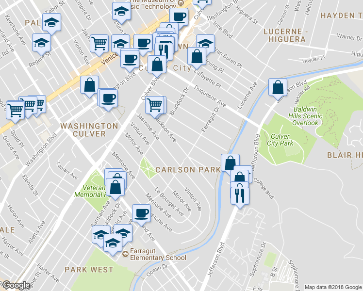 map of restaurants, bars, coffee shops, grocery stores, and more near 4164 Jackson Avenue in Culver City