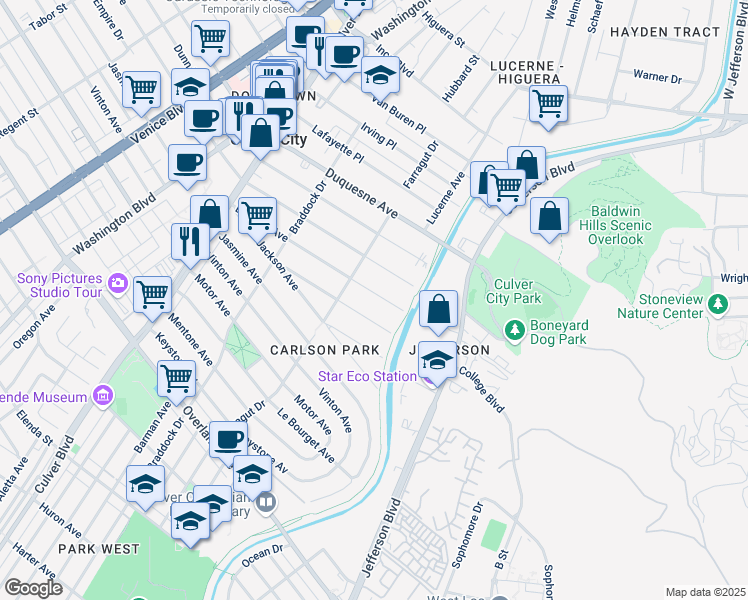 map of restaurants, bars, coffee shops, grocery stores, and more near 4241 La Salle Avenue in Culver City