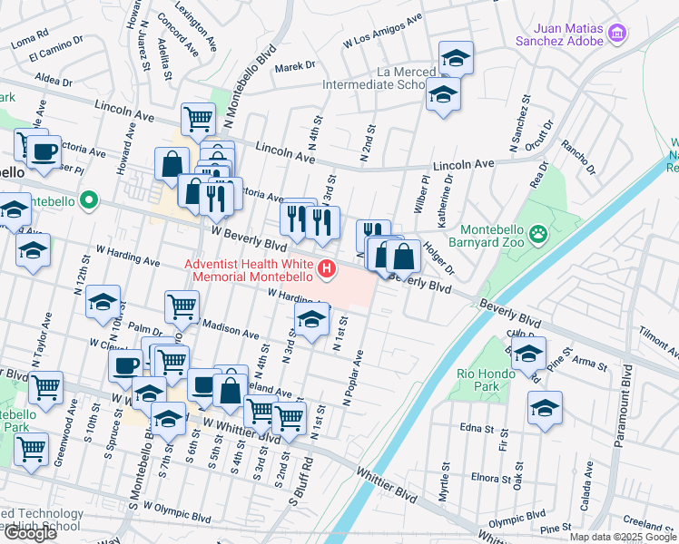 map of restaurants, bars, coffee shops, grocery stores, and more near 111 West Beverly Boulevard in Montebello