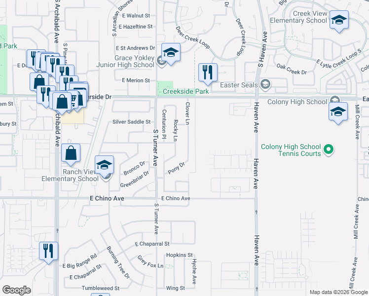 map of restaurants, bars, coffee shops, grocery stores, and more near 3210 Clover Lane in Ontario