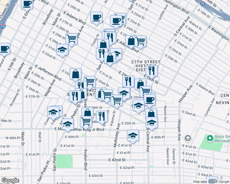 map of restaurants, bars, coffee shops, grocery stores, and more near 834 East 32nd Street in Los Angeles