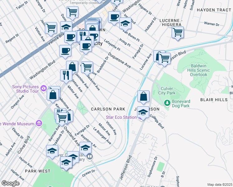 map of restaurants, bars, coffee shops, grocery stores, and more near 4210 Baldwin Avenue in Culver City